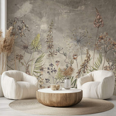 Tapet Personalizat Floralcu flori salbatice in fundal gri - LITTLE WILDFLOWERS GREY