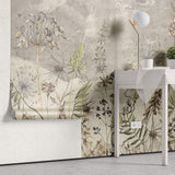 Tapet Personalizat Floralcu flori salbatice in fundal gri - LITTLE WILDFLOWERS GREY