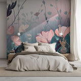 Tapet Personalizat Floral cu arta digitala florala in nuante de roz si albastru - SOFT MARINE PINK