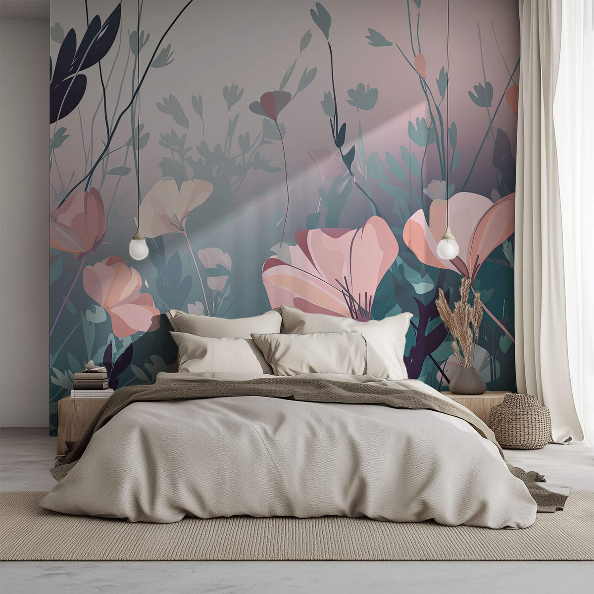 Tapet Personalizat Floral cu arta digitala florala in nuante de roz si albastru - SOFT MARINE PINK