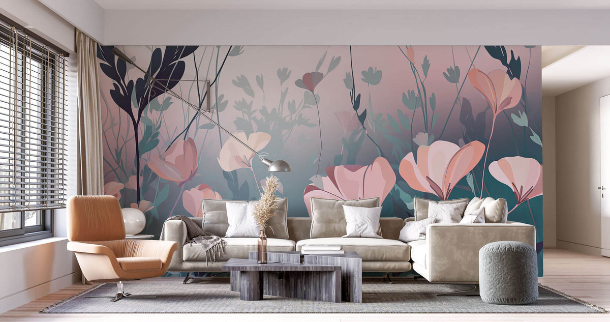 Tapet Personalizat Floral cu arta digitala florala in nuante de roz si albastru - SOFT MARINE PINK
