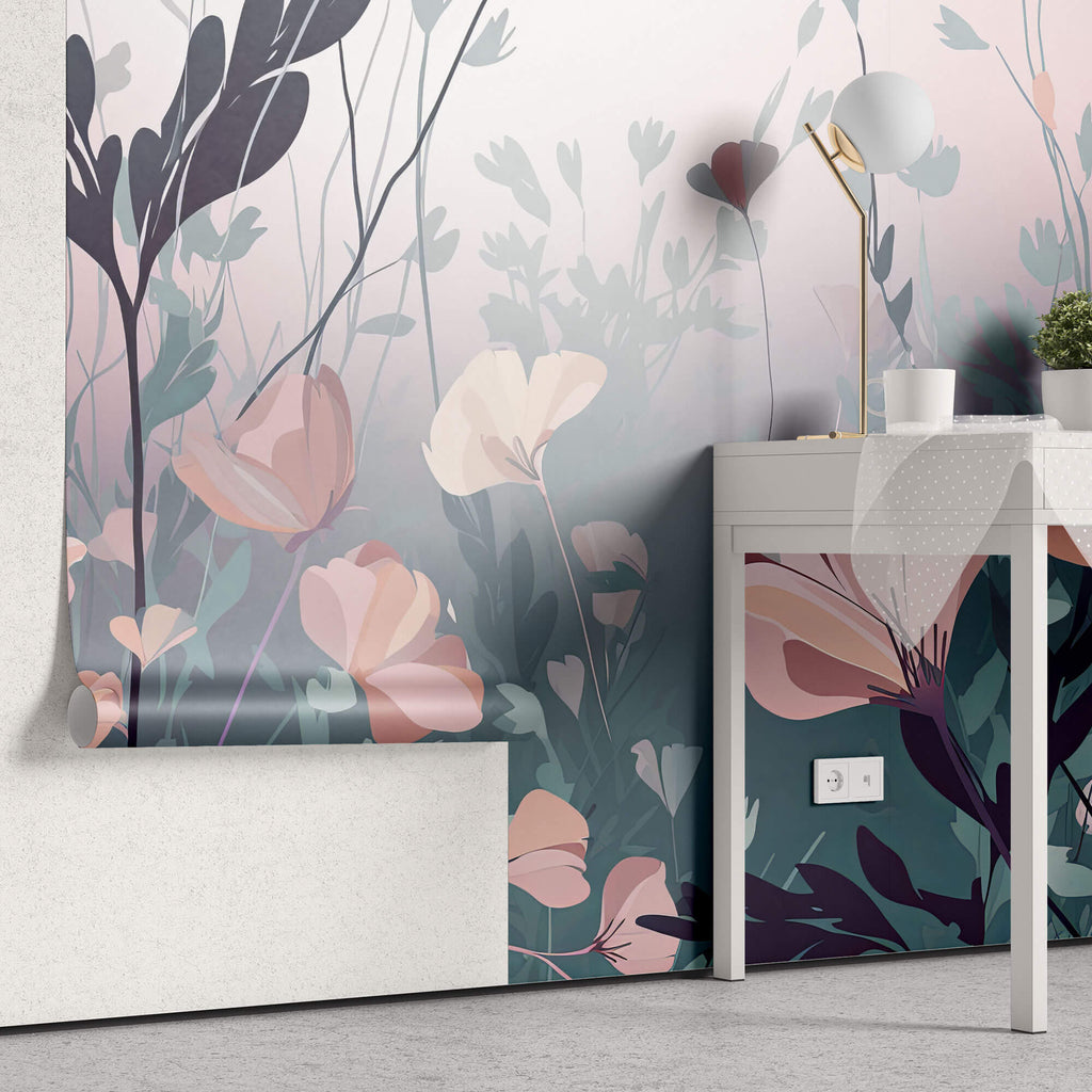 Tapet Personalizat Floral cu arta digitala florala in nuante de roz si albastru - SOFT MARINE PINK