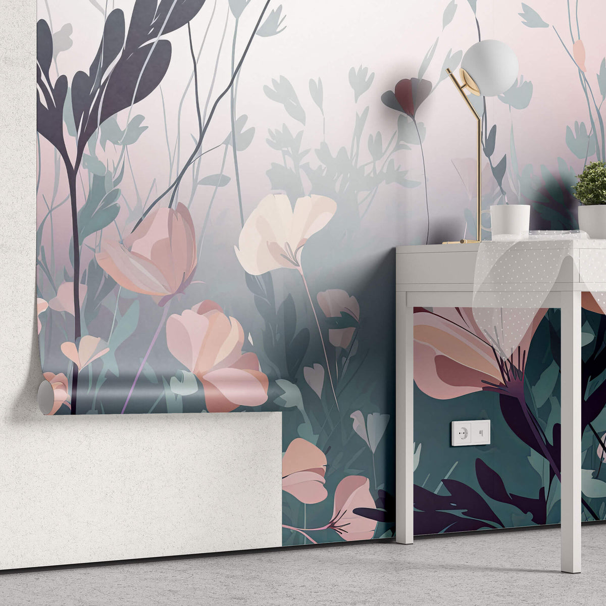 Tapet Personalizat Floral cu arta digitala florala in nuante de roz si albastru - SOFT MARINE PINK