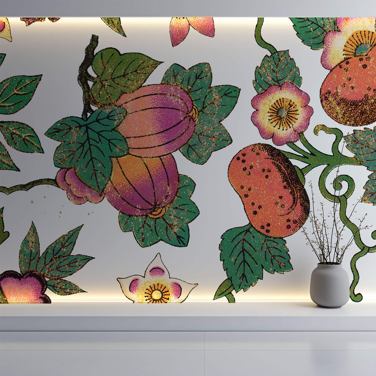 Tapet Personalizat Floral cu fructe si flori exotice - FRUITY FLORAL PATTERN