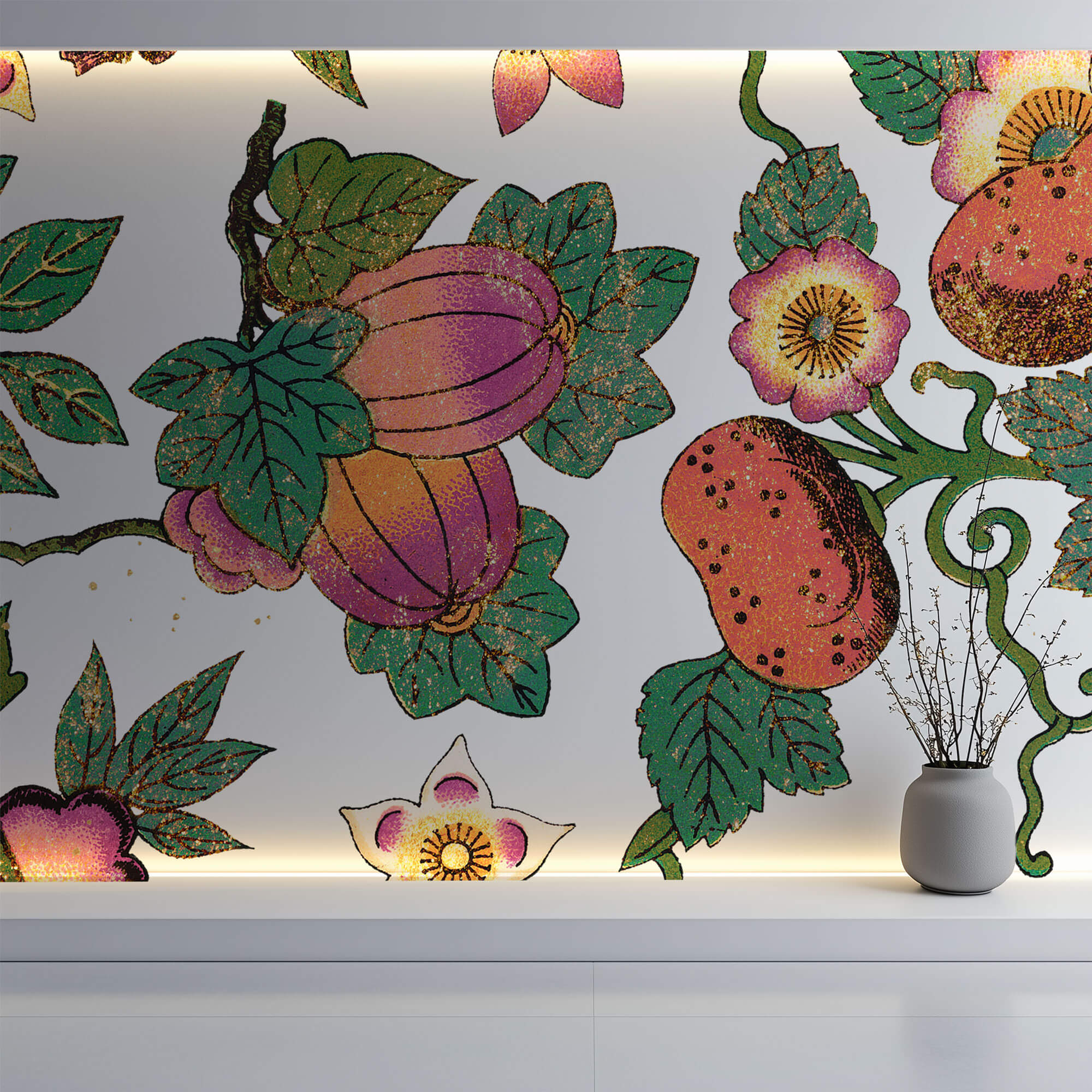 Tapet Personalizat Floral cu fructe si flori exotice - FRUITY FLORAL PATTERN