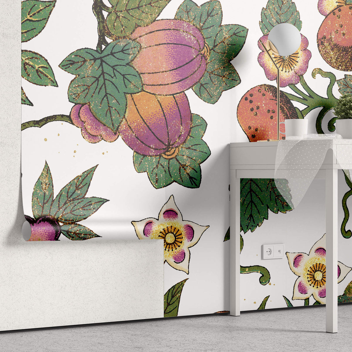 Tapet Personalizat Floral cu fructe si flori exotice - FRUITY FLORAL PATTERN