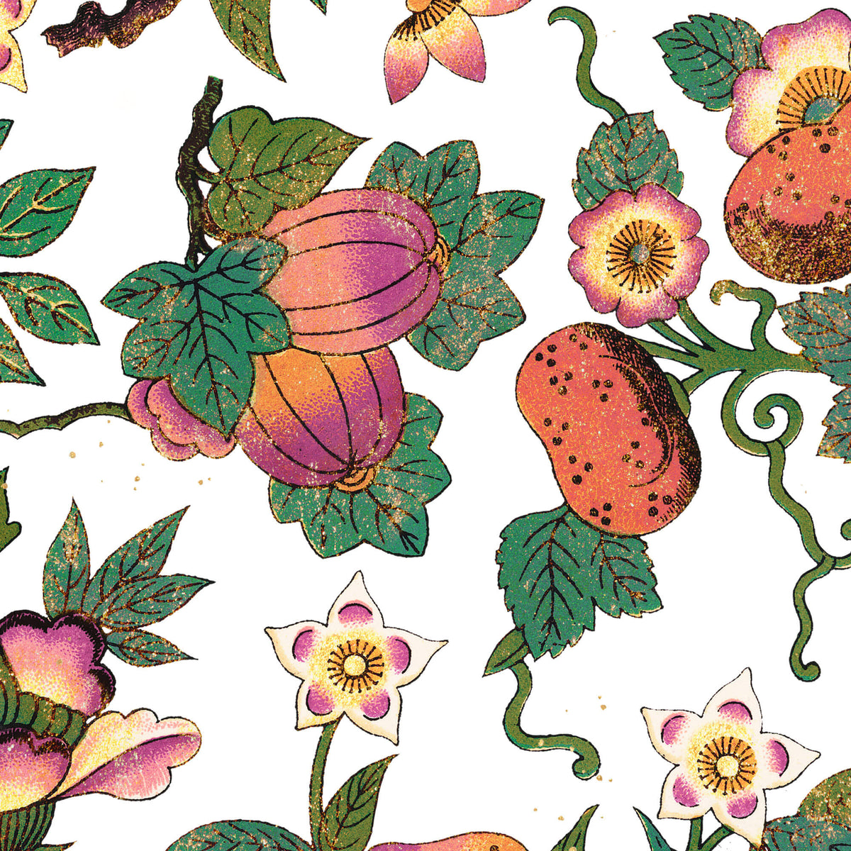 Tapet Personalizat Floral cu fructe si flori exotice - FRUITY FLORAL PATTERN