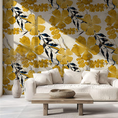 Tapet Personalizat Floral cu flori galbene si funze albastrui - YELLOW FLORAL PATTERN