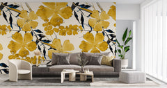 Tapet Personalizat Floral cu flori galbene si funze albastrui - YELLOW FLORAL PATTERN