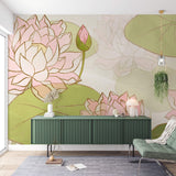Tapet Personalizat Floral cu flori de lotus desenate si insertii aurii - HANDPAINTED LOTUS