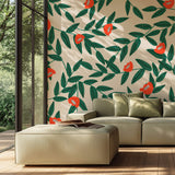 Tapet Personalizat Floral cu model floral in culori vibrante de verde si rosu - VIBRANT FLORAL PATTERN