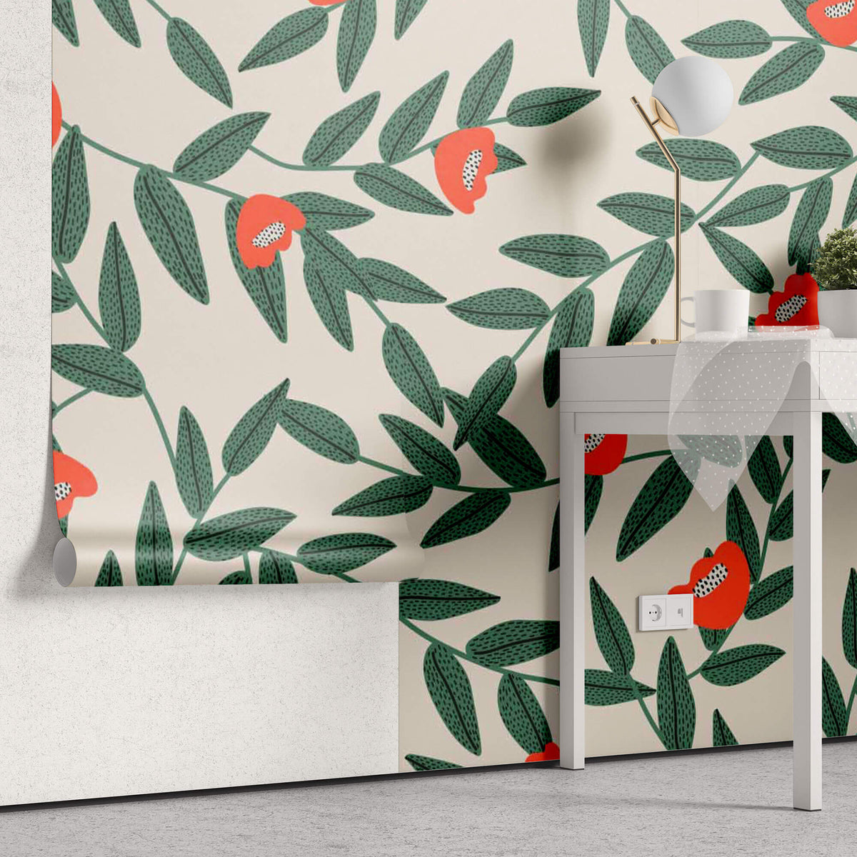 Tapet Personalizat Floral cu model floral in culori vibrante de verde si rosu - VIBRANT FLORAL PATTERN