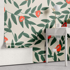 Tapet Personalizat Floral cu model floral in culori vibrante de verde si rosu - VIBRANT FLORAL PATTERN