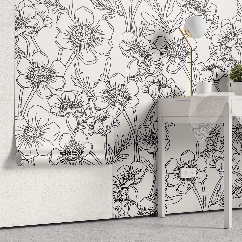 Tapet Personalizat Floral cu model floral in desen alb negru - FLORAL SKETCH BOOK