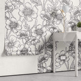 Tapet Personalizat Floral cu model floral in desen alb negru - FLORAL SKETCH BOOK