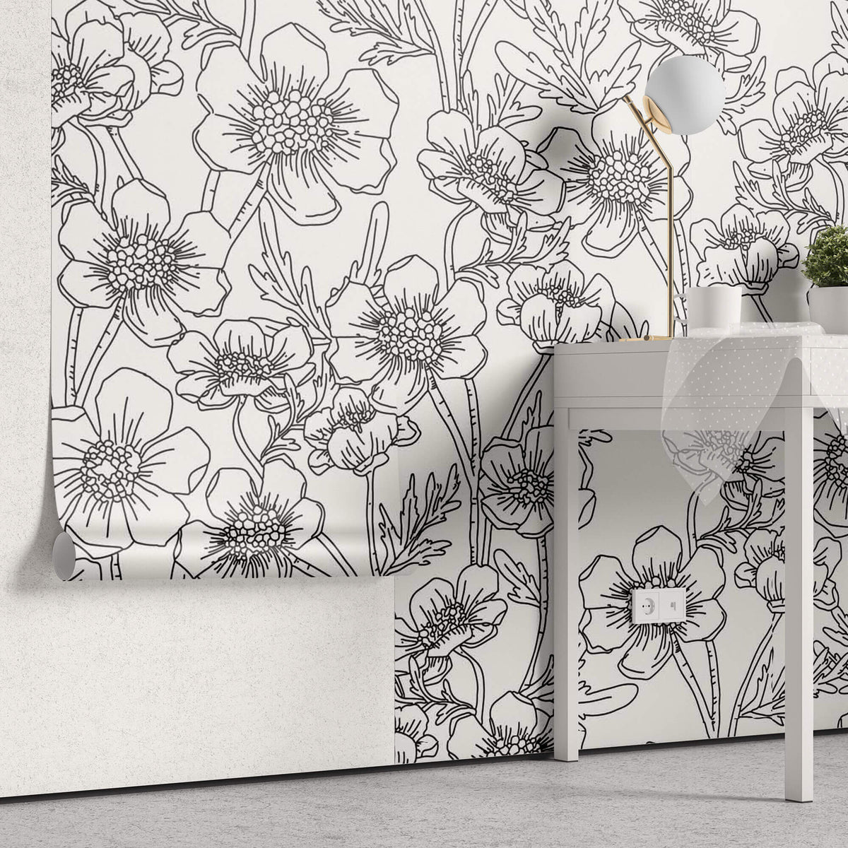 Tapet Personalizat Floral cu model floral in desen alb negru - FLORAL SKETCH BOOK