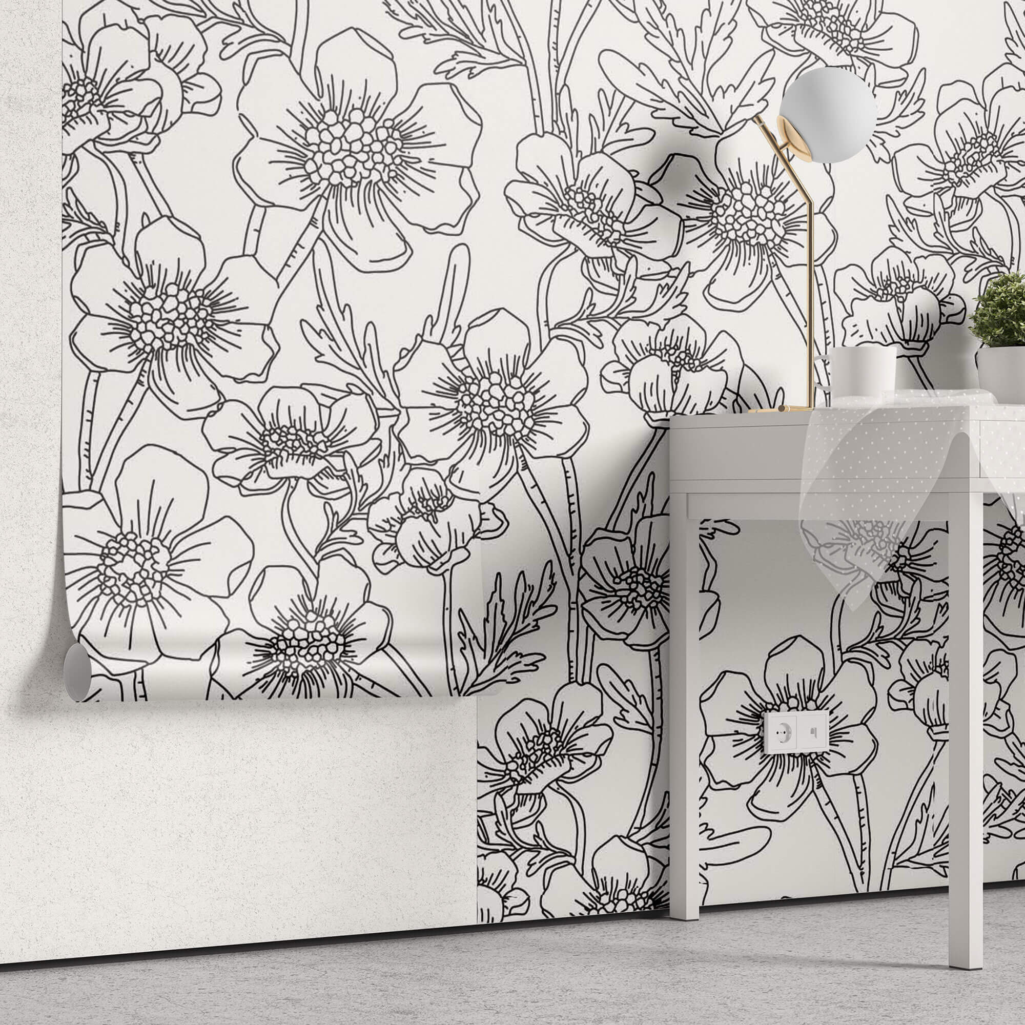 Tapet Personalizat Floral cu model floral in desen alb negru - FLORAL SKETCH BOOK