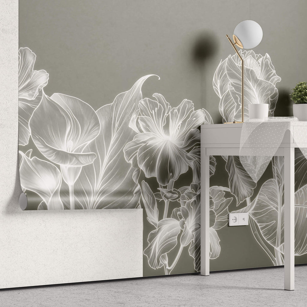 Tapet Personalizat Floral cu flori luminescente albe - LUMINESCENT FLOWERS