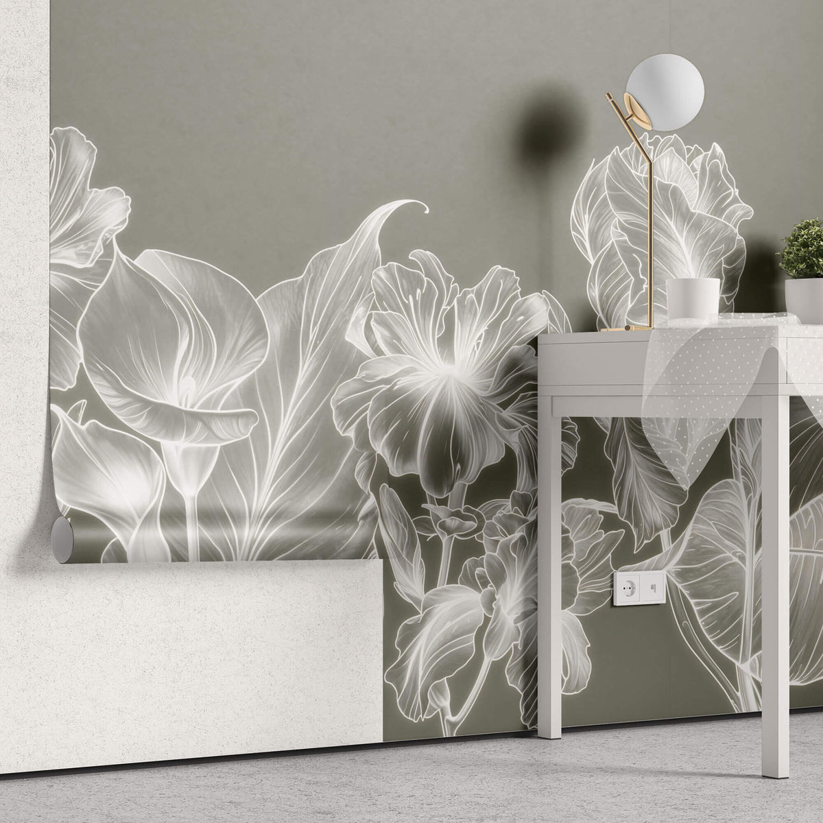 Tapet Personalizat Floral cu flori luminescente albe - LUMINESCENT FLOWERS