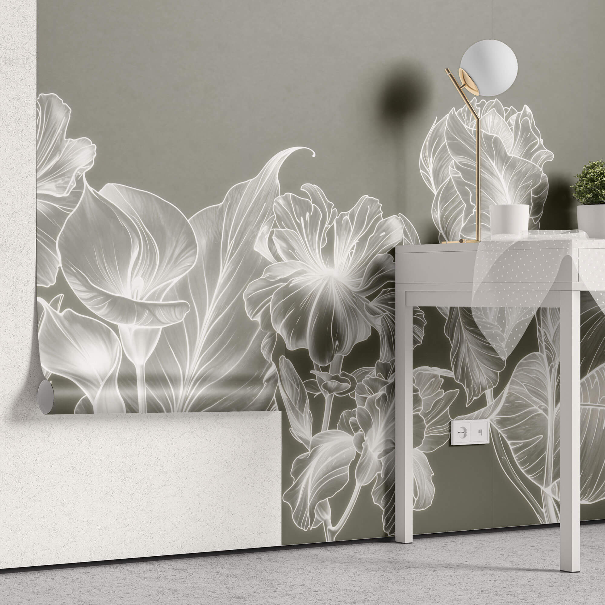 Tapet Personalizat Floral cu flori luminescente albe - LUMINESCENT FLOWERS