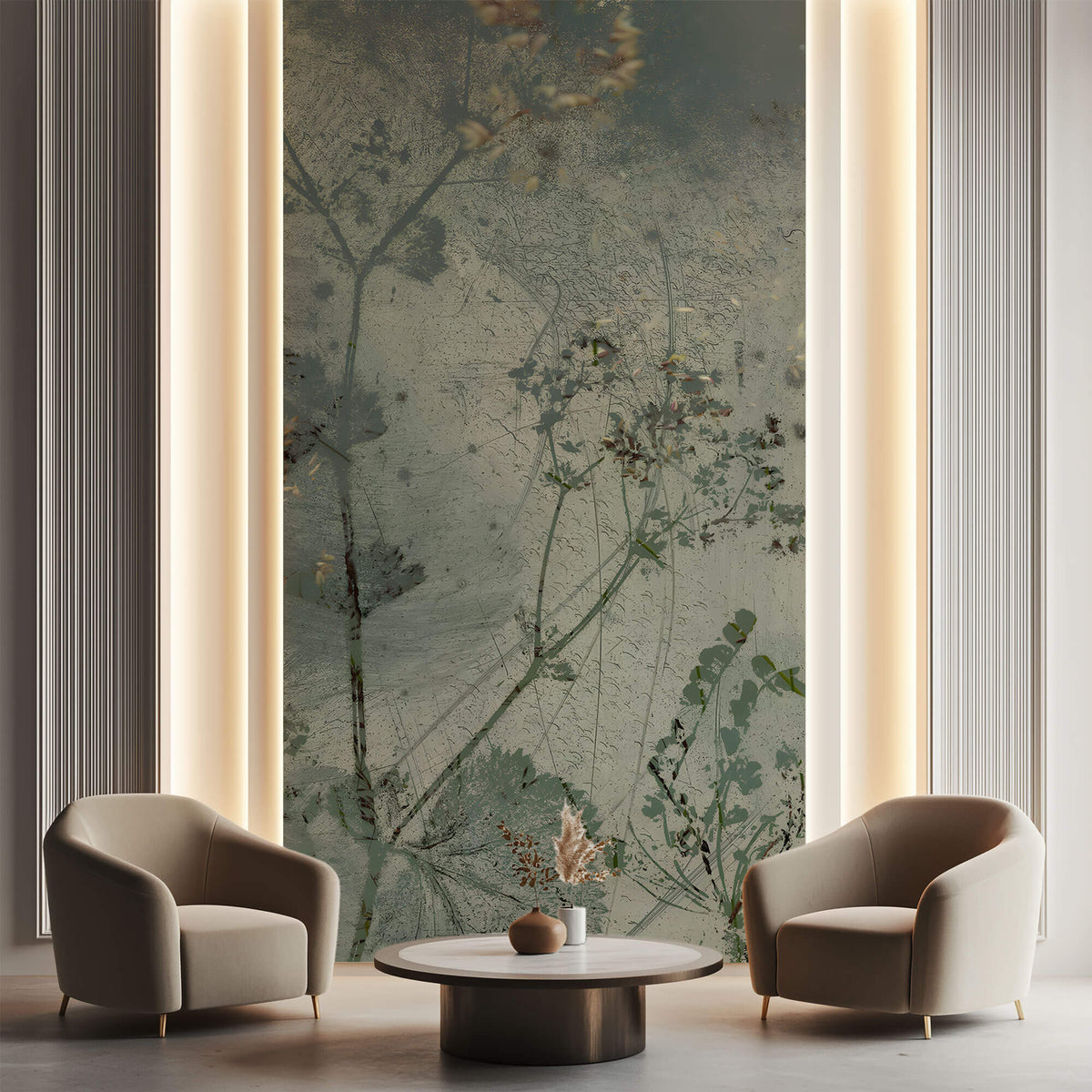 Tapet Personalizat Floral cu flori in fundal de plaster in nuante de verde - ABSTRACT FLOWER DESIGN