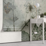 Tapet Personalizat Floral cu flori in fundal de plaster in nuante de verde - ABSTRACT FLOWER DESIGN