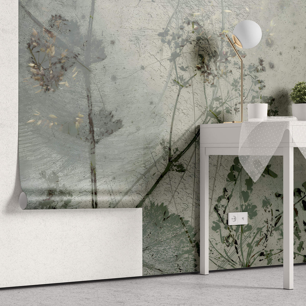 Tapet Personalizat Floral cu flori in fundal de plaster in nuante de verde - ABSTRACT FLOWER DESIGN