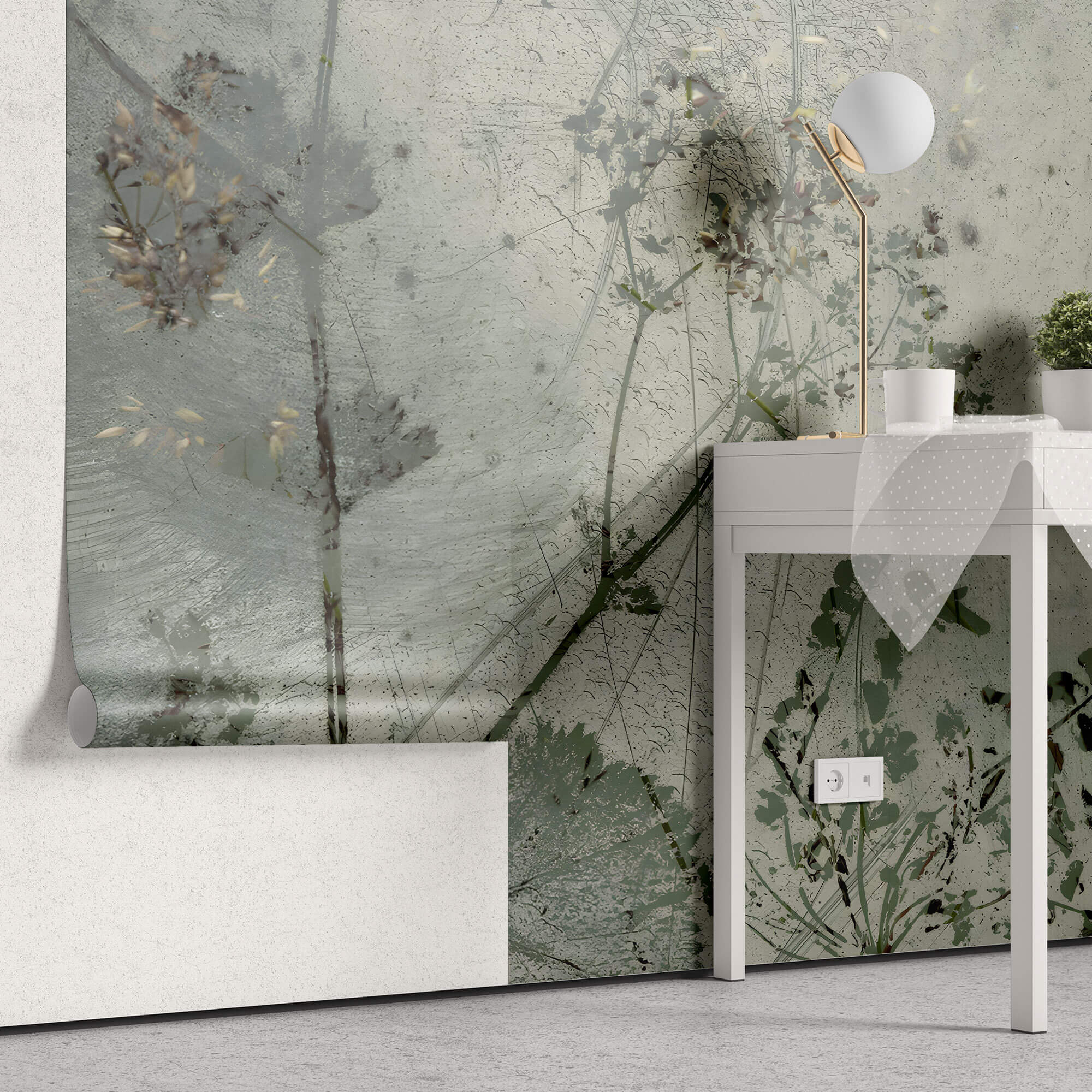 Tapet Personalizat Floral cu flori in fundal de plaster in nuante de verde - ABSTRACT FLOWER DESIGN