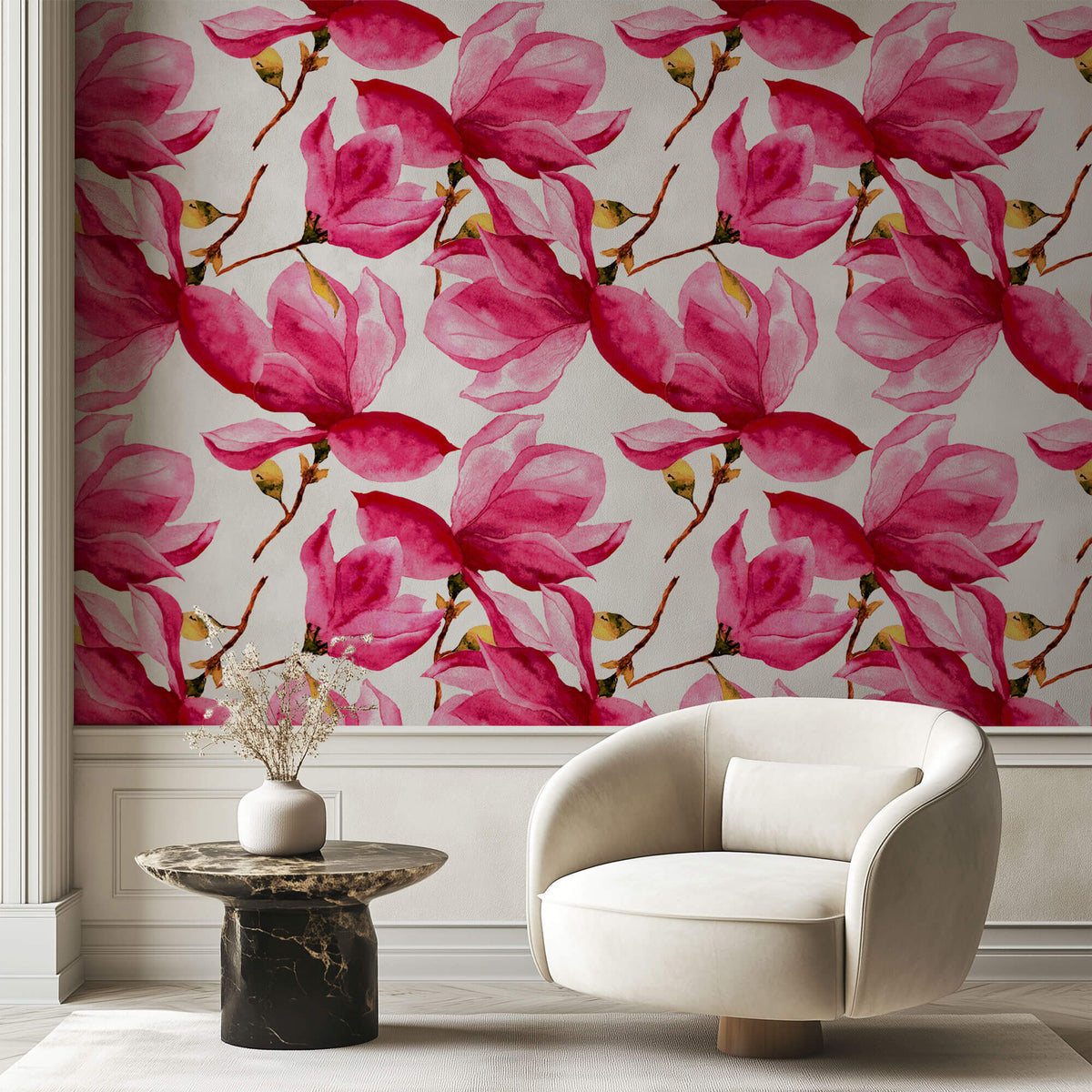 Tapet Personalizat Floral cu flori de magnolie in nuante de roz fucsia - FUCHSIA MAGNOLIA