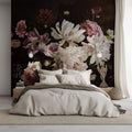 Fototapet Personalizat Floral cu aranjament floral si fluturi intr-un fundal maro inchis - FLORAL BROWN BOUQUET