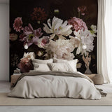 Fototapet Personalizat Floral cu aranjament floral si fluturi intr-un fundal maro inchis - FLORAL BROWN BOUQUET
