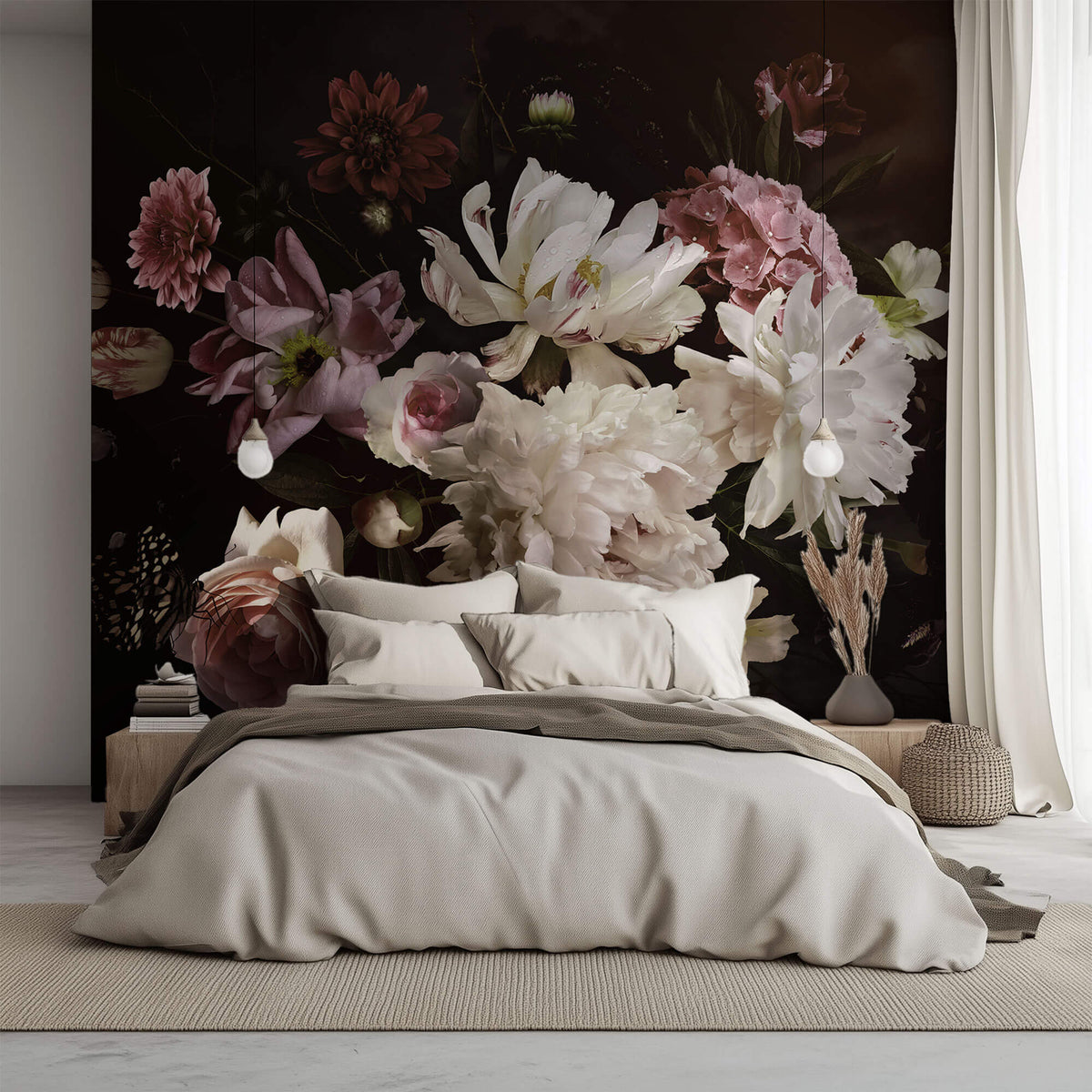 Fototapet Personalizat Floral cu aranjament floral si fluturi intr-un fundal maro inchis - FLORAL BROWN BOUQUET
