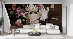 Fototapet Personalizat Floral cu aranjament floral si fluturi intr-un fundal maro inchis - FLORAL BROWN BOUQUET