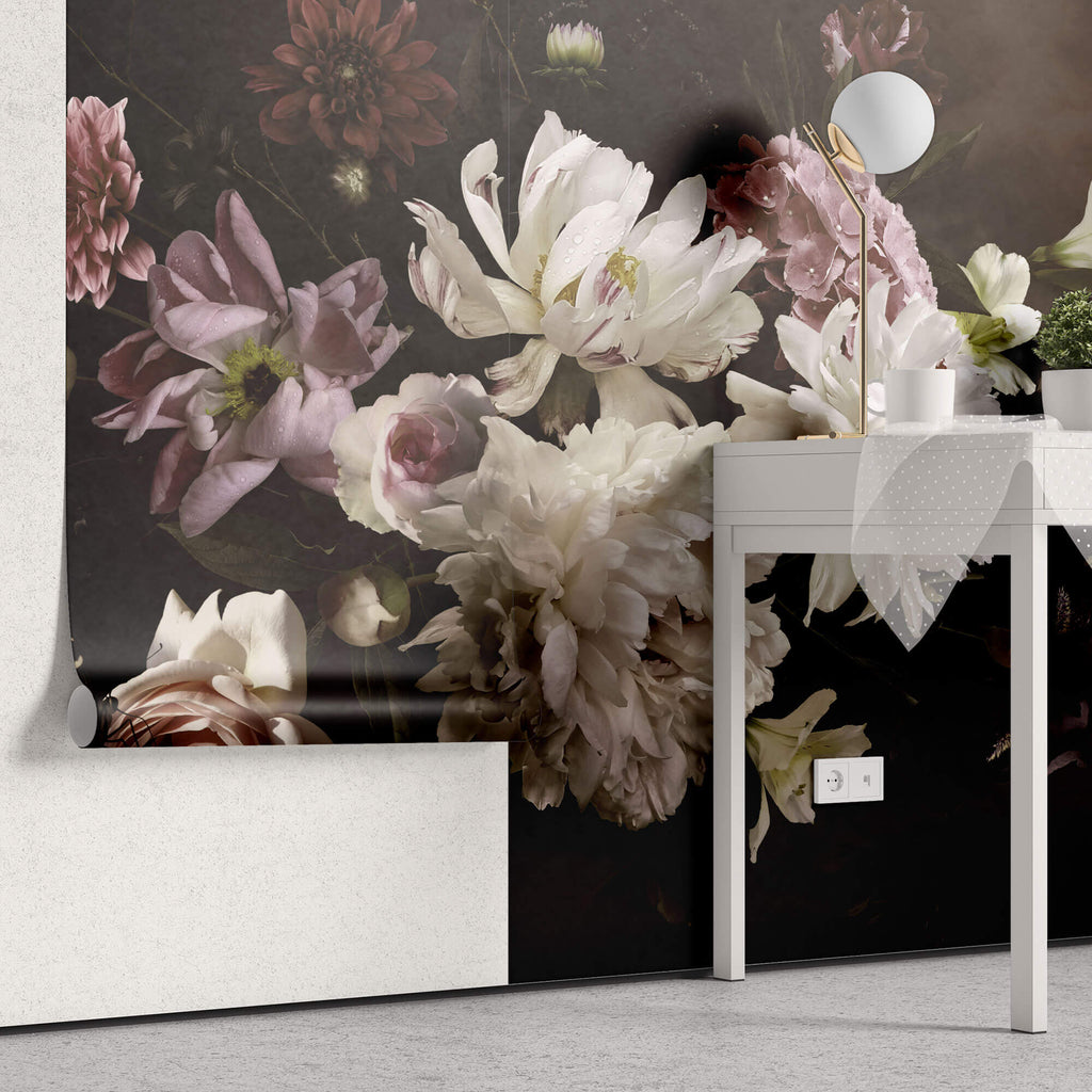 Fototapet Personalizat Floral cu aranjament floral si fluturi intr-un fundal maro inchis - FLORAL BROWN BOUQUET