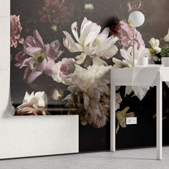 Fototapet Personalizat Floral cu aranjament floral si fluturi intr-un fundal maro inchis - FLORAL BROWN BOUQUET