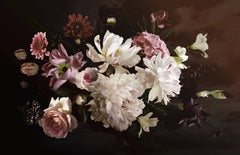 Fototapet Personalizat Floral cu aranjament floral si fluturi intr-un fundal maro inchis - FLORAL BROWN BOUQUET