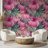 Tapet Personalizat Floral cu flori mari de hibiscus roz si frunze de palmier - PINK HIBISCUCS