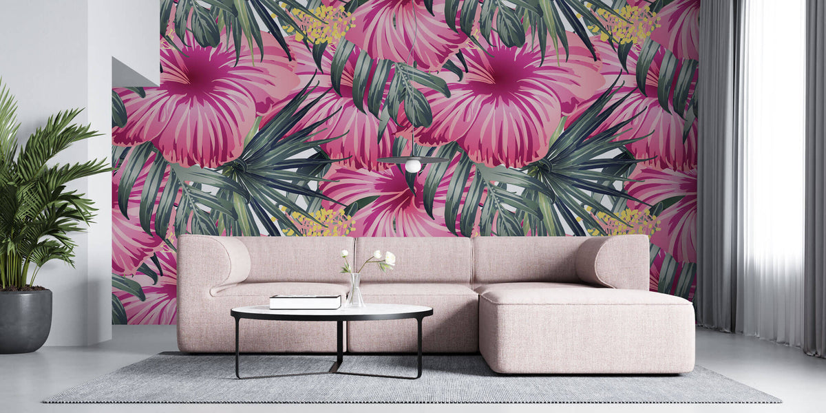 Tapet Personalizat Floral cu flori mari de hibiscus roz si frunze de palmier - PINK HIBISCUCS