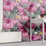 Tapet Personalizat Floral cu flori mari de hibiscus roz si frunze de palmier - PINK HIBISCUCS