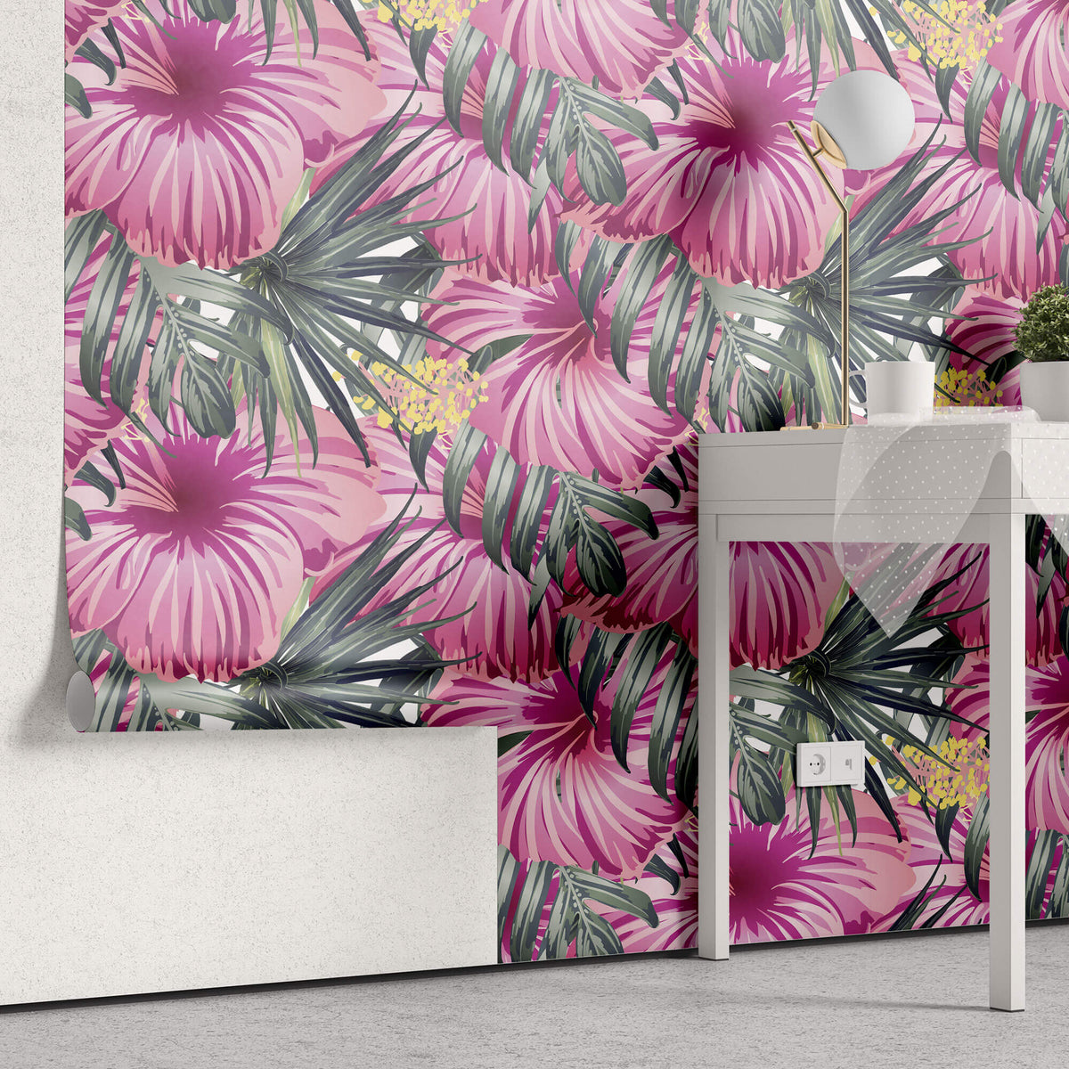 Tapet Personalizat Floral cu flori mari de hibiscus roz si frunze de palmier - PINK HIBISCUCS