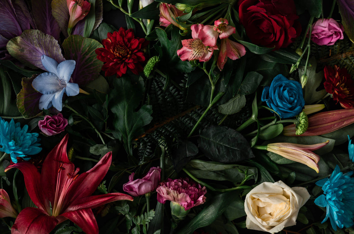 Fototapet Personalizat Floral cu crini crizanteme si trandafiri multicolori - DARK FLORAL PHOTOGRAPHY