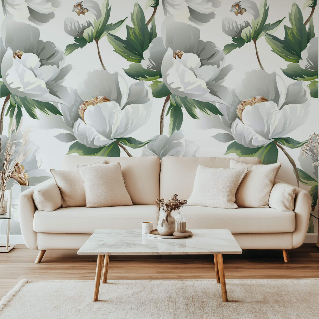 Tapet Personalizat Floral cu bujori albi infloriti - WHITE PEONY