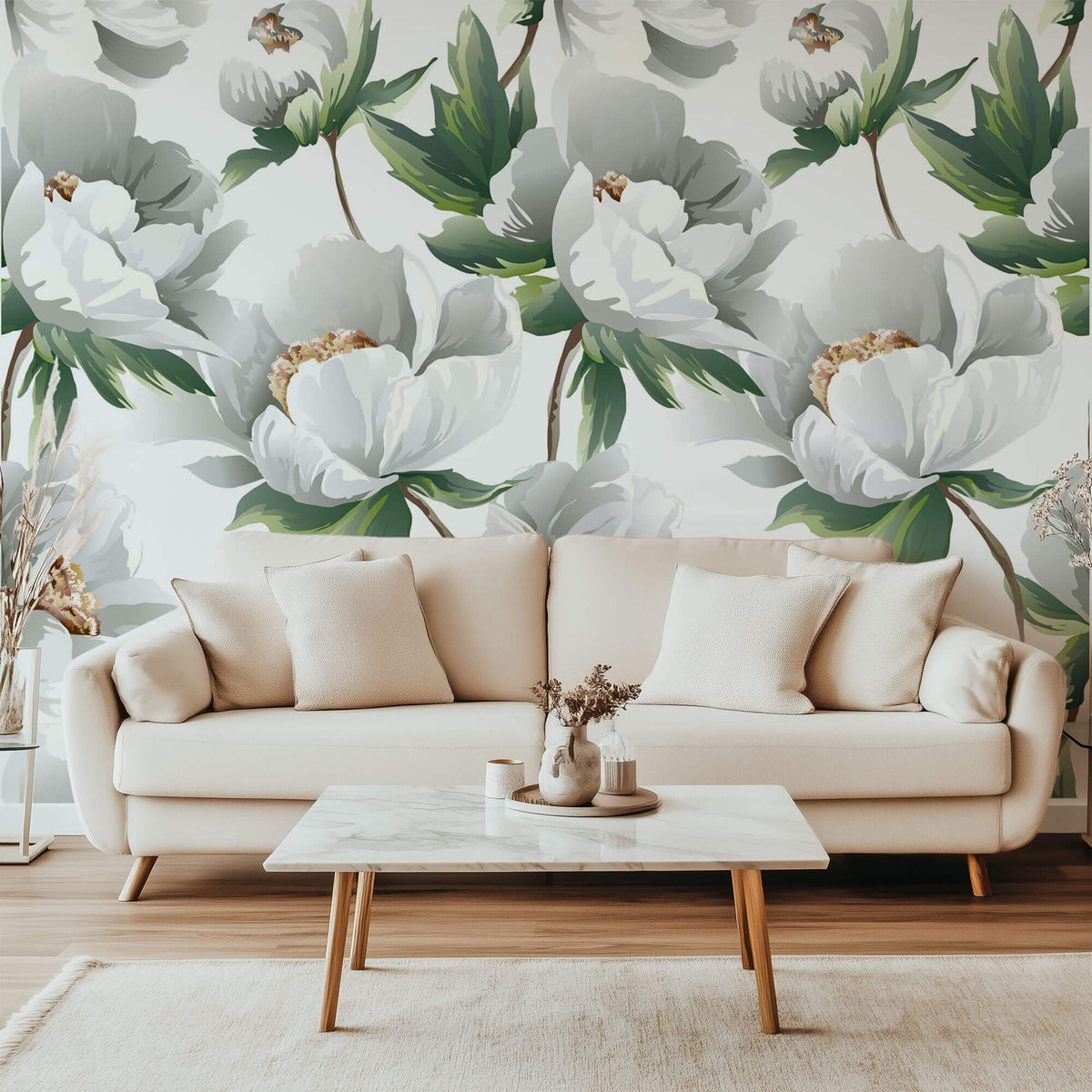Tapet Personalizat Floral cu bujori albi infloriti - WHITE PEONY