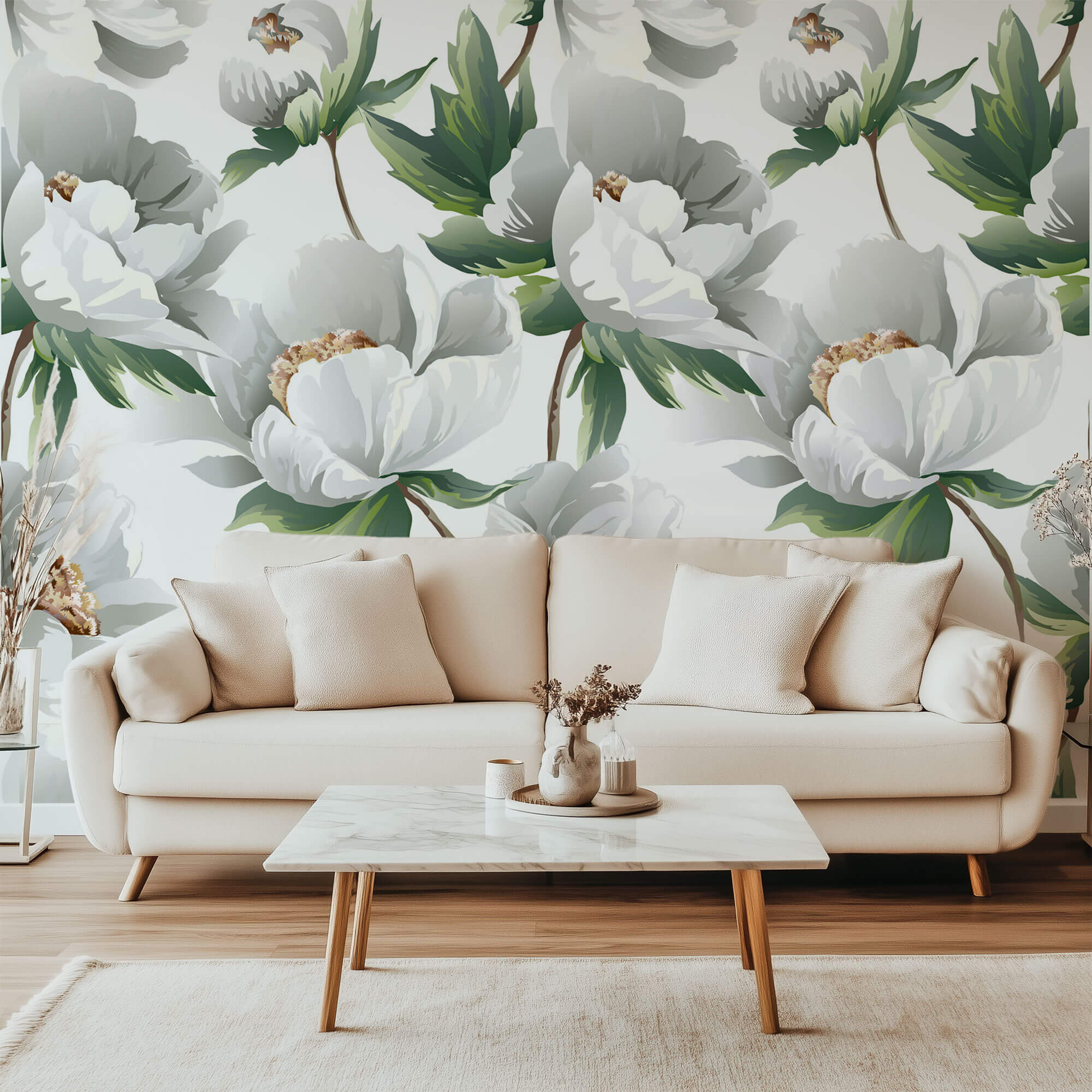 Tapet Personalizat Floral cu bujori albi infloriti - WHITE PEONY