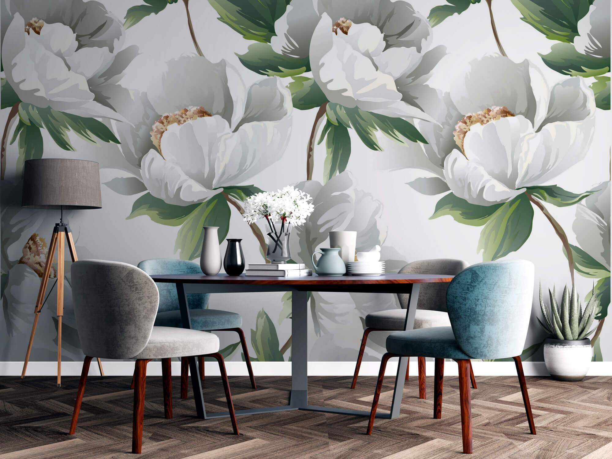 Tapet Personalizat Floral cu bujori albi infloriti - WHITE PEONY