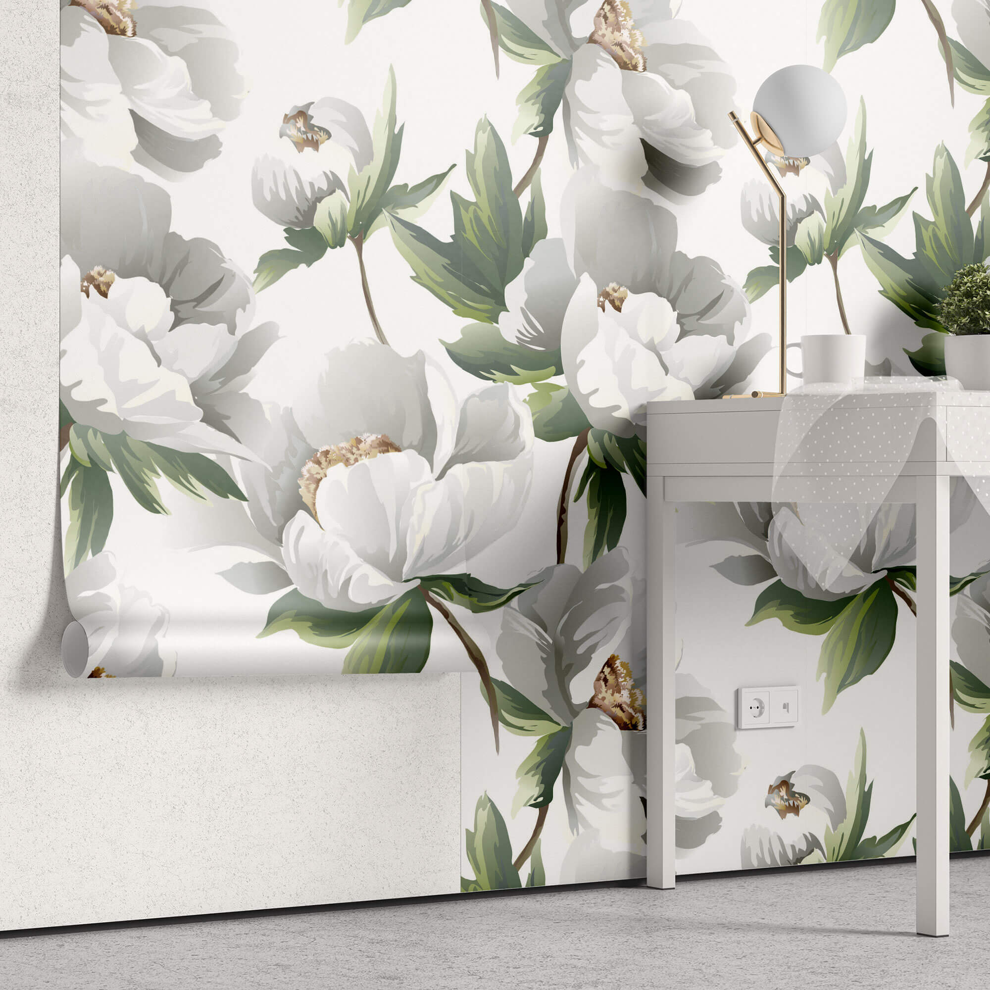 Tapet Personalizat Floral cu bujori albi infloriti - WHITE PEONY