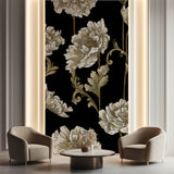 Tapet Personalizat Floral cu flori albe in stil elegant - BLACK & WHITE FLORAL PATTERN
