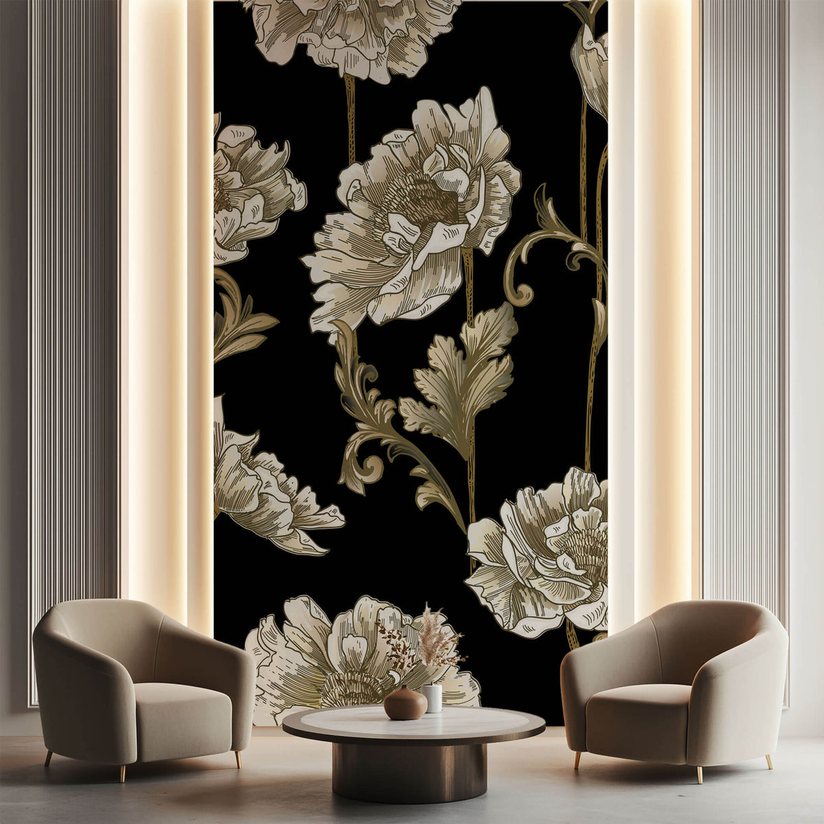 Tapet Personalizat Floral cu flori albe in stil elegant - BLACK & WHITE FLORAL PATTERN