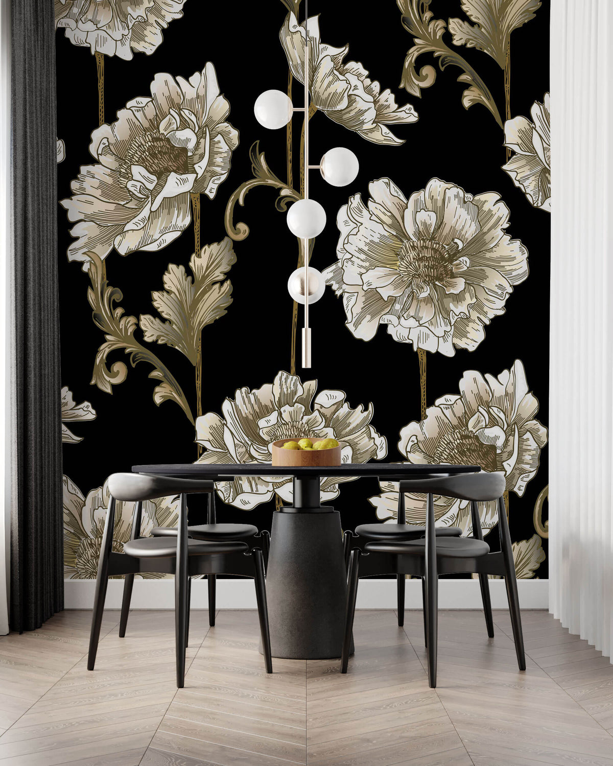 Tapet Personalizat Floral cu flori albe in stil elegant - BLACK & WHITE FLORAL PATTERN