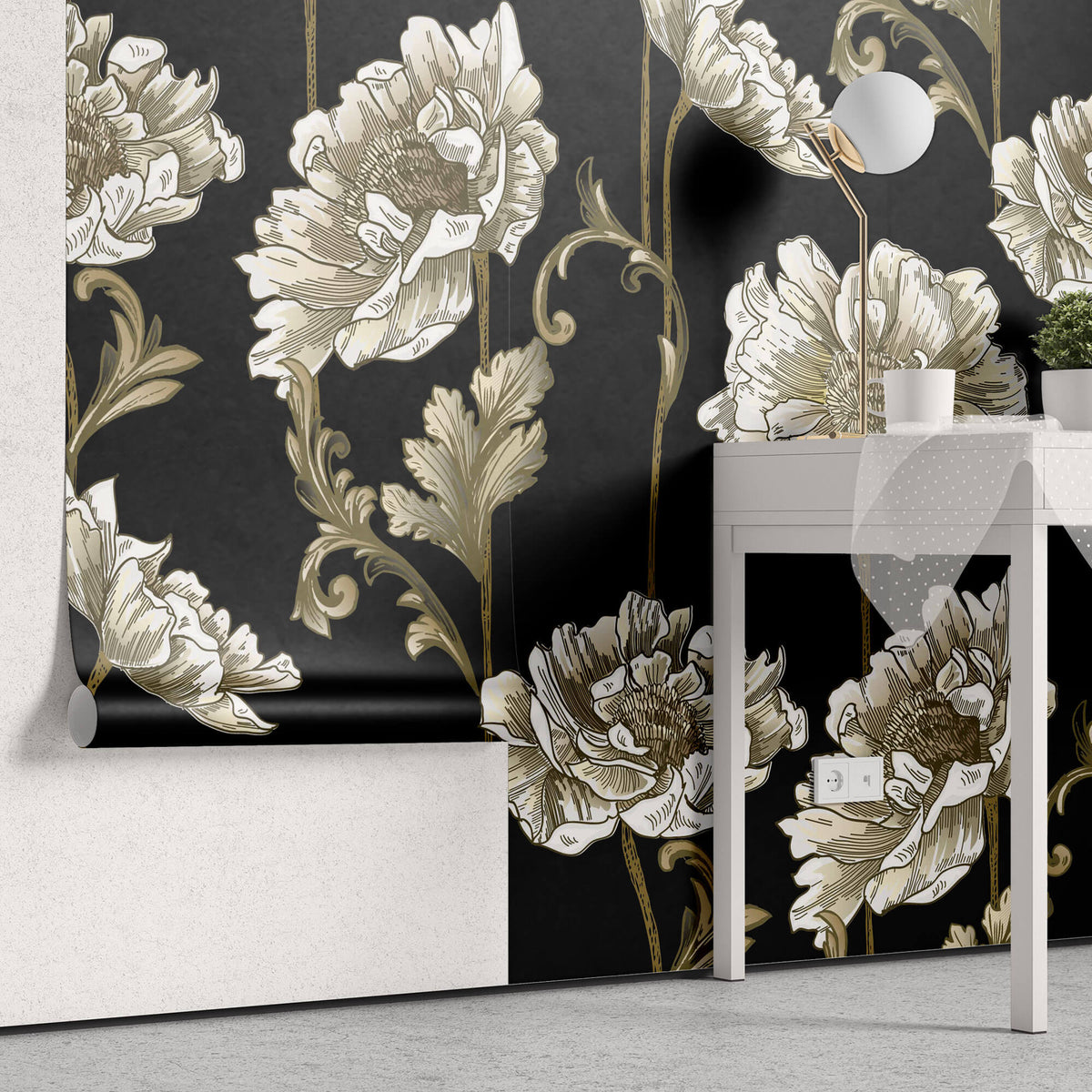 Tapet Personalizat Floral cu flori albe in stil elegant - BLACK & WHITE FLORAL PATTERN